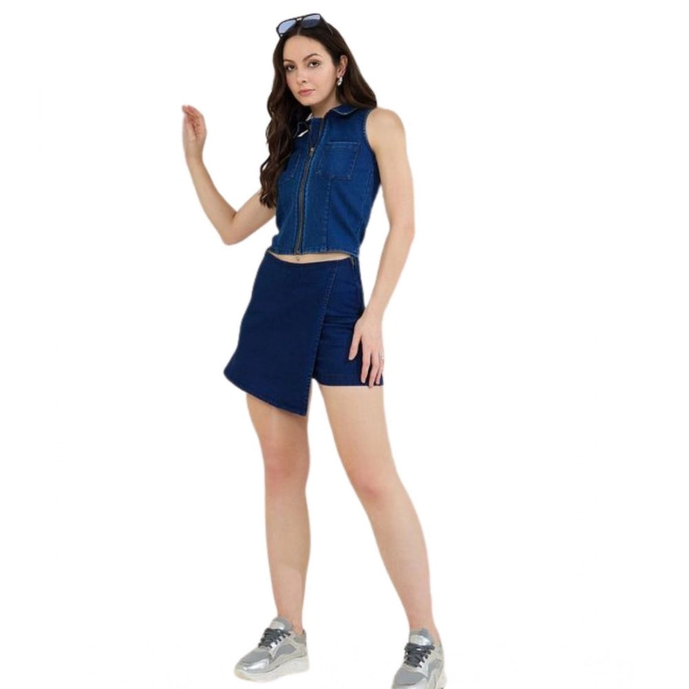 Clothiq Generic Denim Lycra Solid Sleeveless Top (Blue)