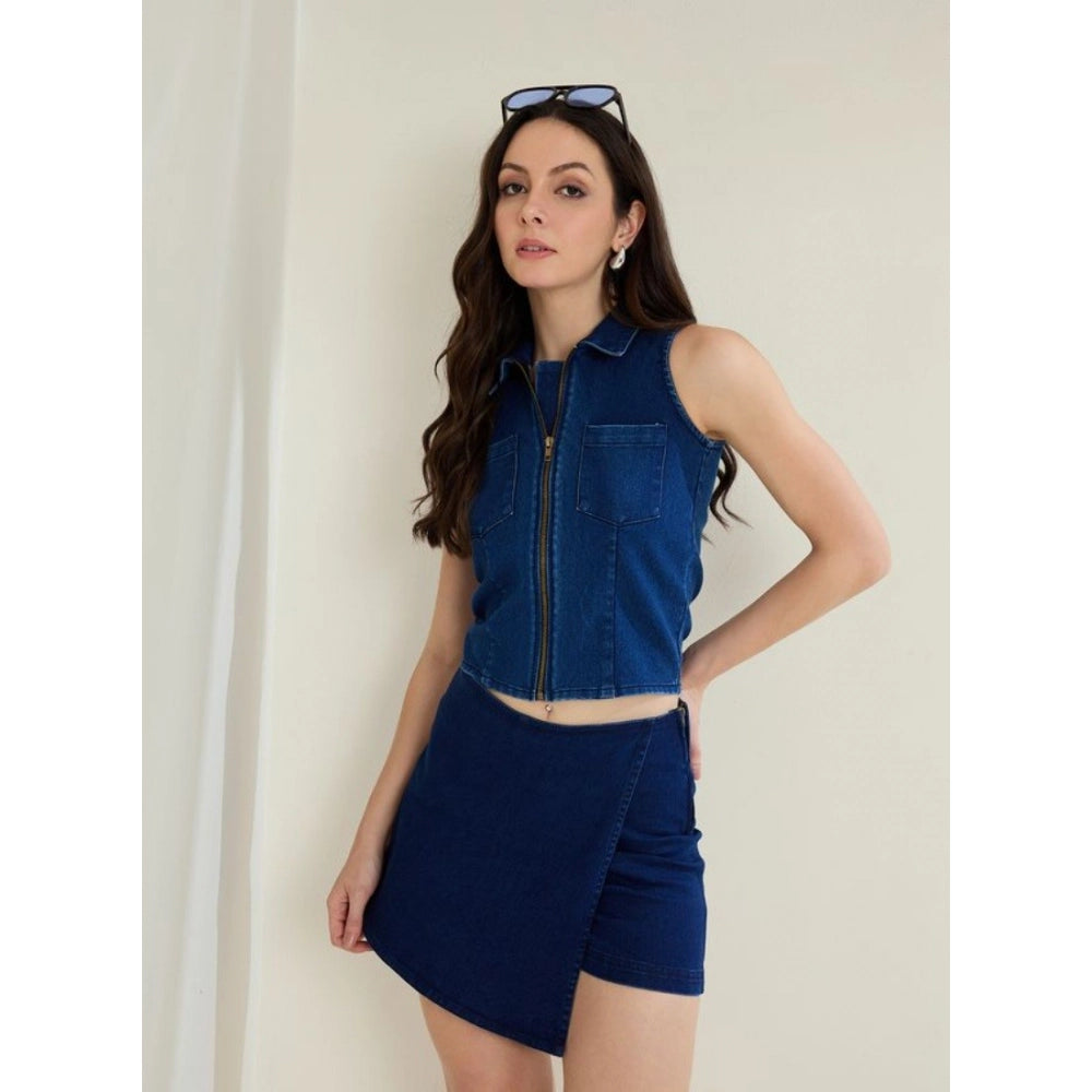 Clothiq Generic Denim Lycra Solid Sleeveless Top (Blue)