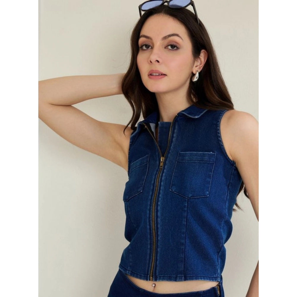 Clothiq Generic Denim Lycra Solid Sleeveless Top (Blue)