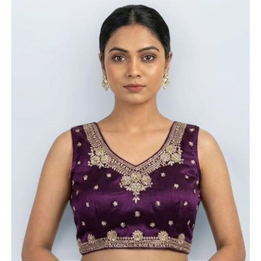 Clothiq Silk Embroidered V-Neck Sleeveless Padded Blouse – Wine, Size 38