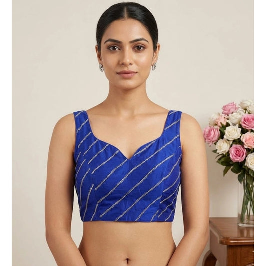 Clothiq Silk Embellished Sweetheart Neck Sleeveless Padded Blouse – Blue, Size 38