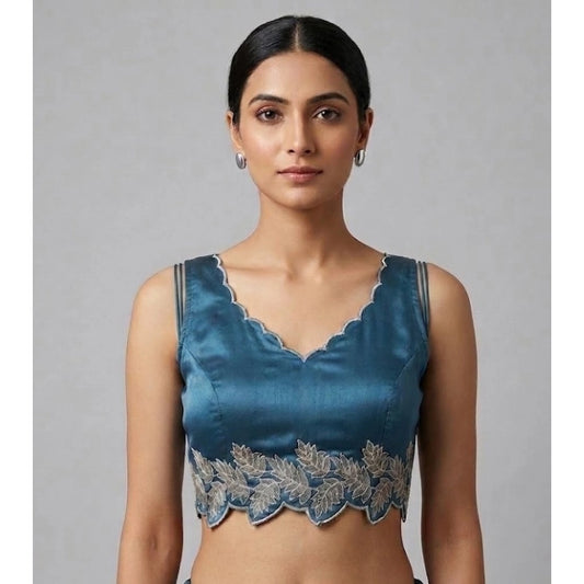 Clothiq Silk Embroidered Sweetheart Neck Sleeveless Padded Blouse – Blue, Size 38