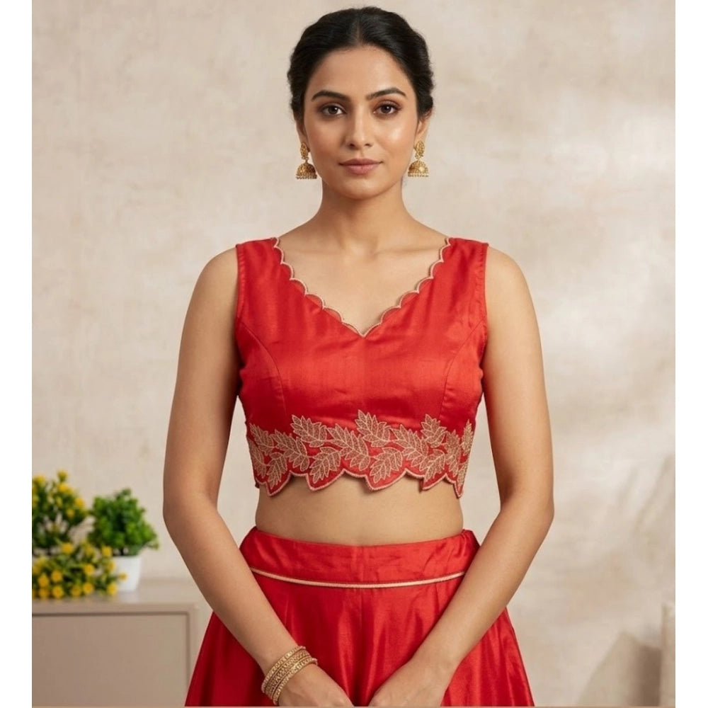 Clothiq Silk Embroidered Sweetheart Neck Sleeveless Padded Blouse – Red, Size 38