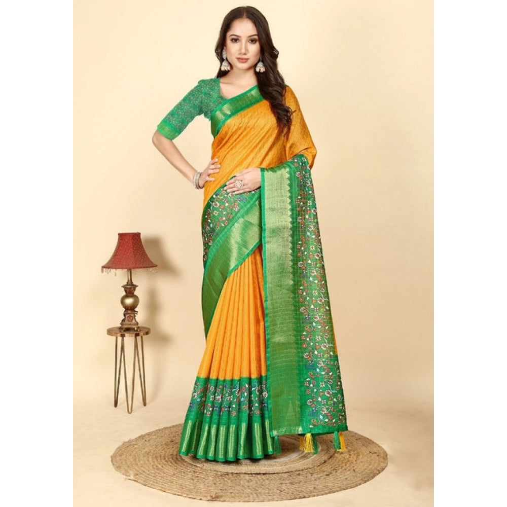 Clothiq Cotton Silk Printed Saree With Unstitched Blouse 5.5Mtr – Yellow Green