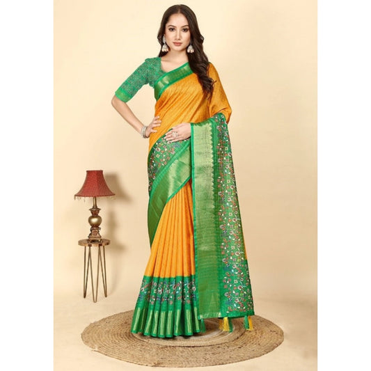 Clothiq Cotton Silk Printed Saree With Unstitched Blouse 5.5Mtr – Yellow Green