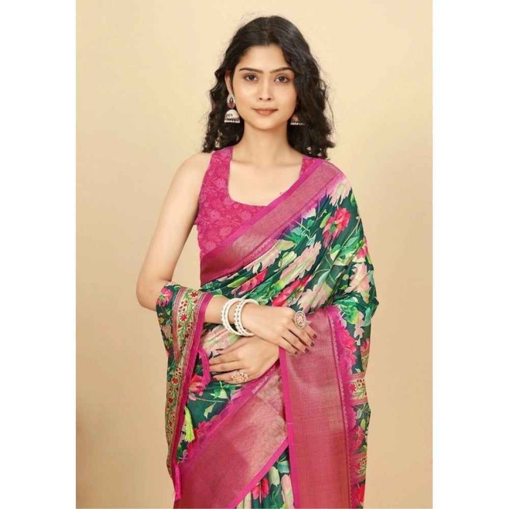 Clothiq Cotton Silk Floral Printed Saree With Unstitched Blouse – Green