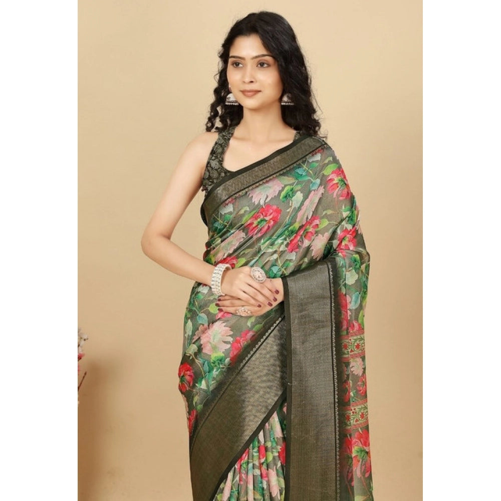 Clothiq Cotton Silk Floral Printed Saree With Unstitched Blouse – Grey