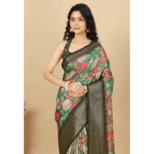 Clothiq Cotton Silk Floral Printed Saree With Unstitched Blouse – Grey