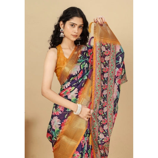 Clothiq Cotton Silk Floral Printed Saree With Unstitched Blouse – Purple