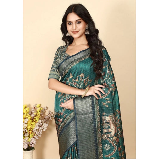 Clothiq Cotton Silk Printed Saree With Unstitched Blouse 5.5Mtr – Teal